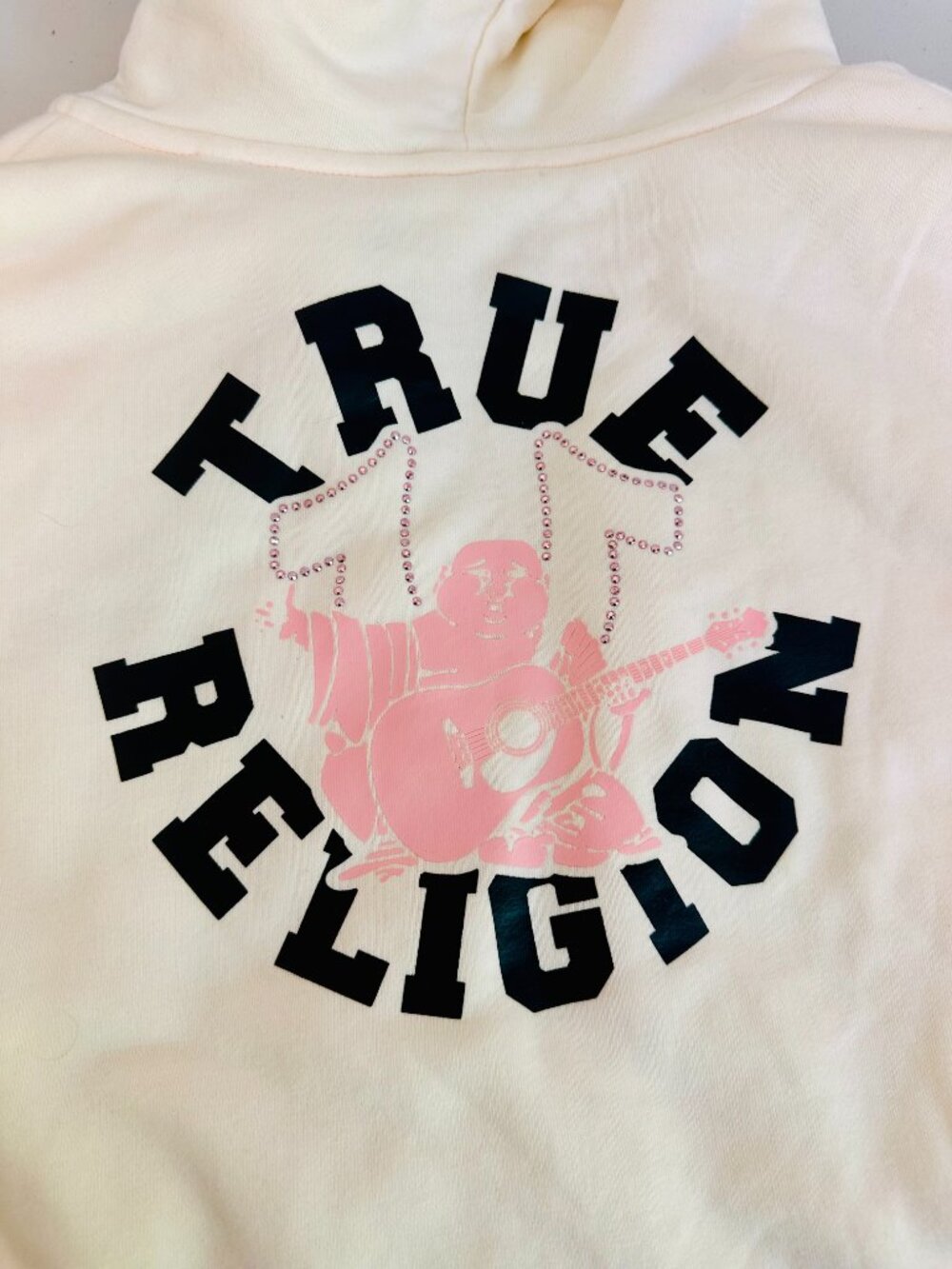 TRUE RELIGION WINTER WHITE SHERPA BUDDHA RHINESTONE LOGO FULL ZIP JACKET LG $134